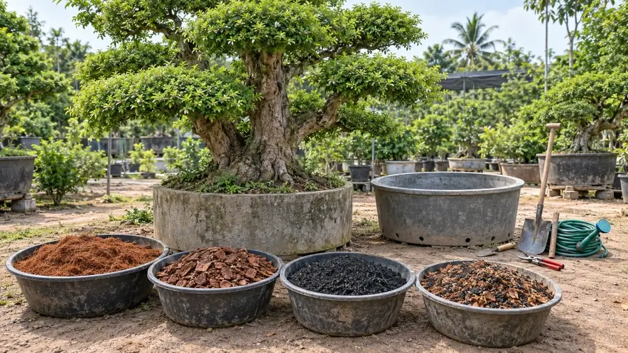 Chuẩn bị giá thể và dụng cụ trước khi thay đất cho mai chiếu thủy lớn